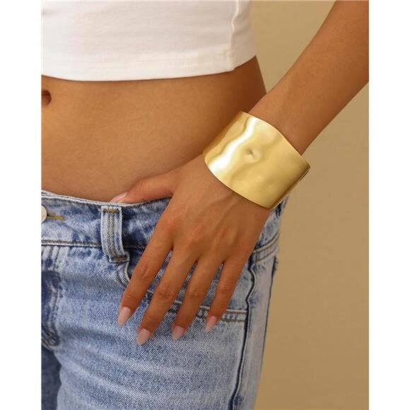 Gold Bangle Bracelets for Women Chunky Wide Hinged Arm Cuff Stackable Jewelry - Picture 3 of 7